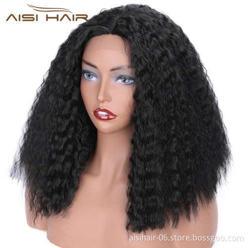 Aisi Hair Cheap Medium Long Natural Black Afro Curly Kinky Front Lace Wig Synthetic Lace Front Wig Hair Wigs For Black Women